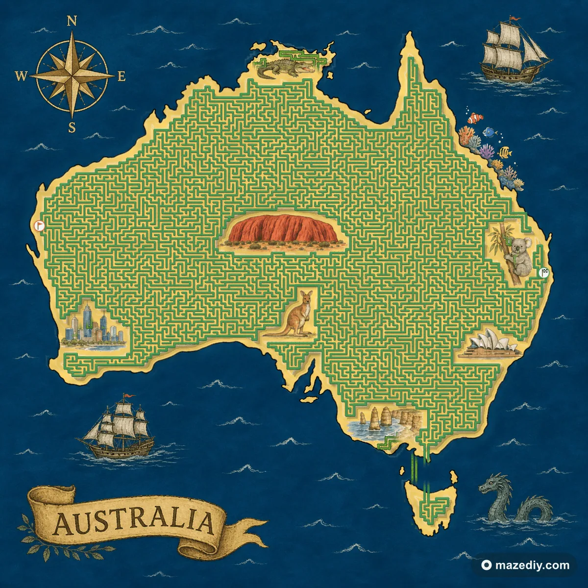 Australia shaped maze with Australian landmarks