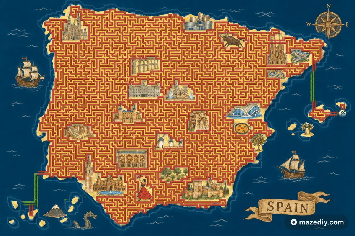 Spain shaped maze with famous Spanish landmarks