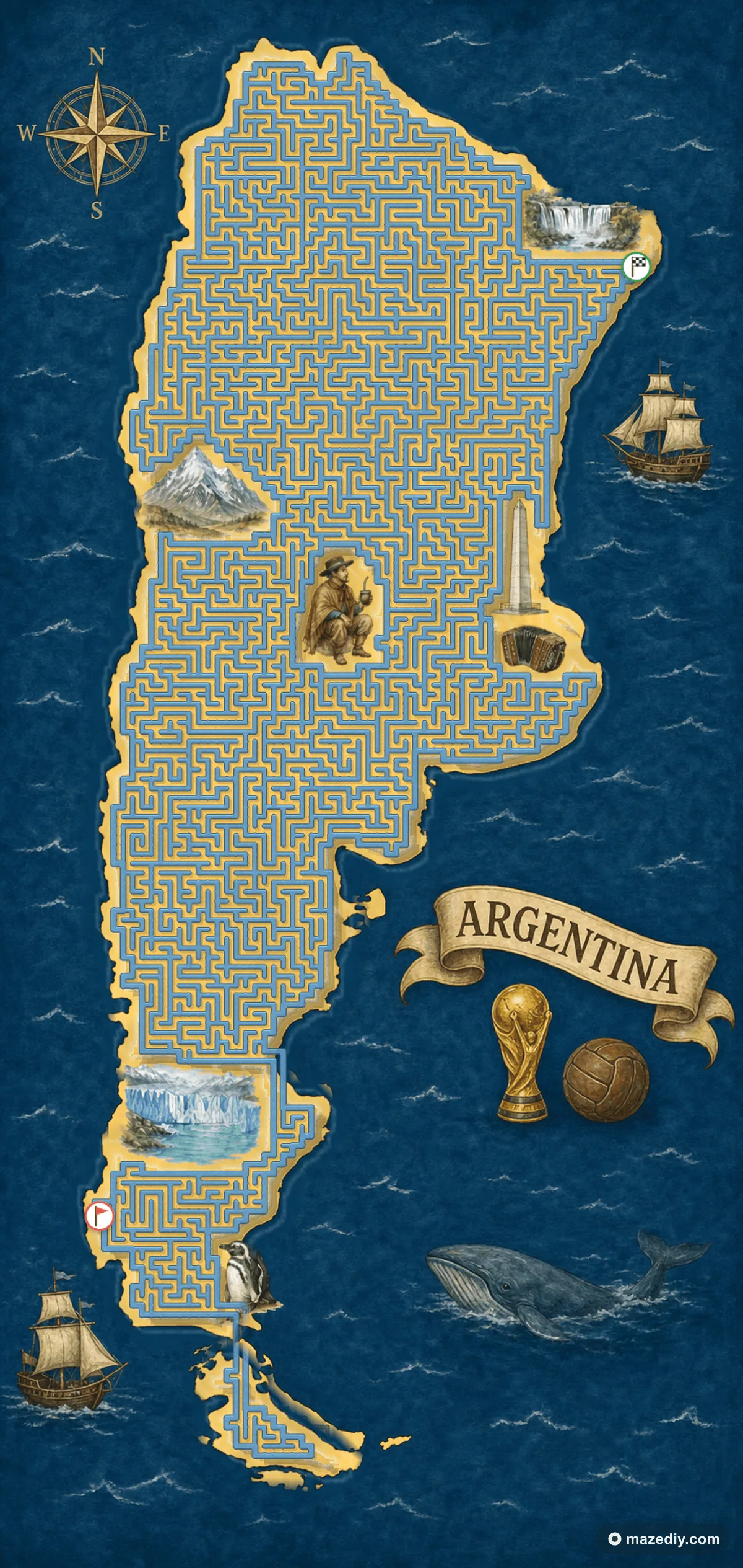 Argentina shaped maze with Argentine landmarks