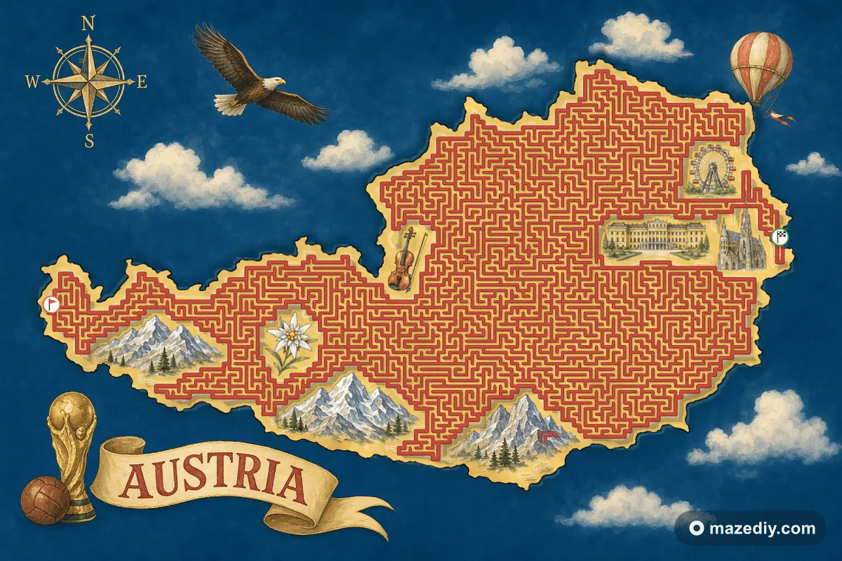 Austria shaped maze with landmarks — World Cup 2026