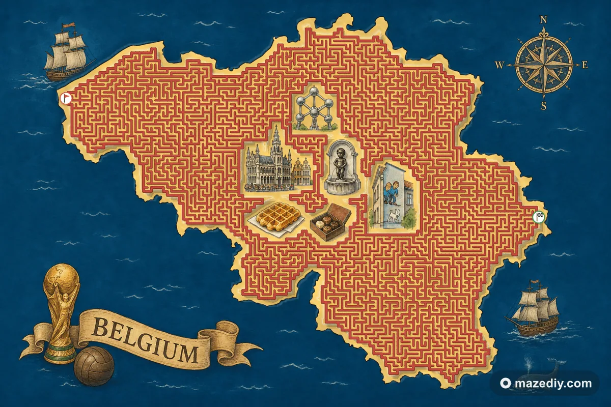 Belgium shaped maze with landmarks — World Cup 2026