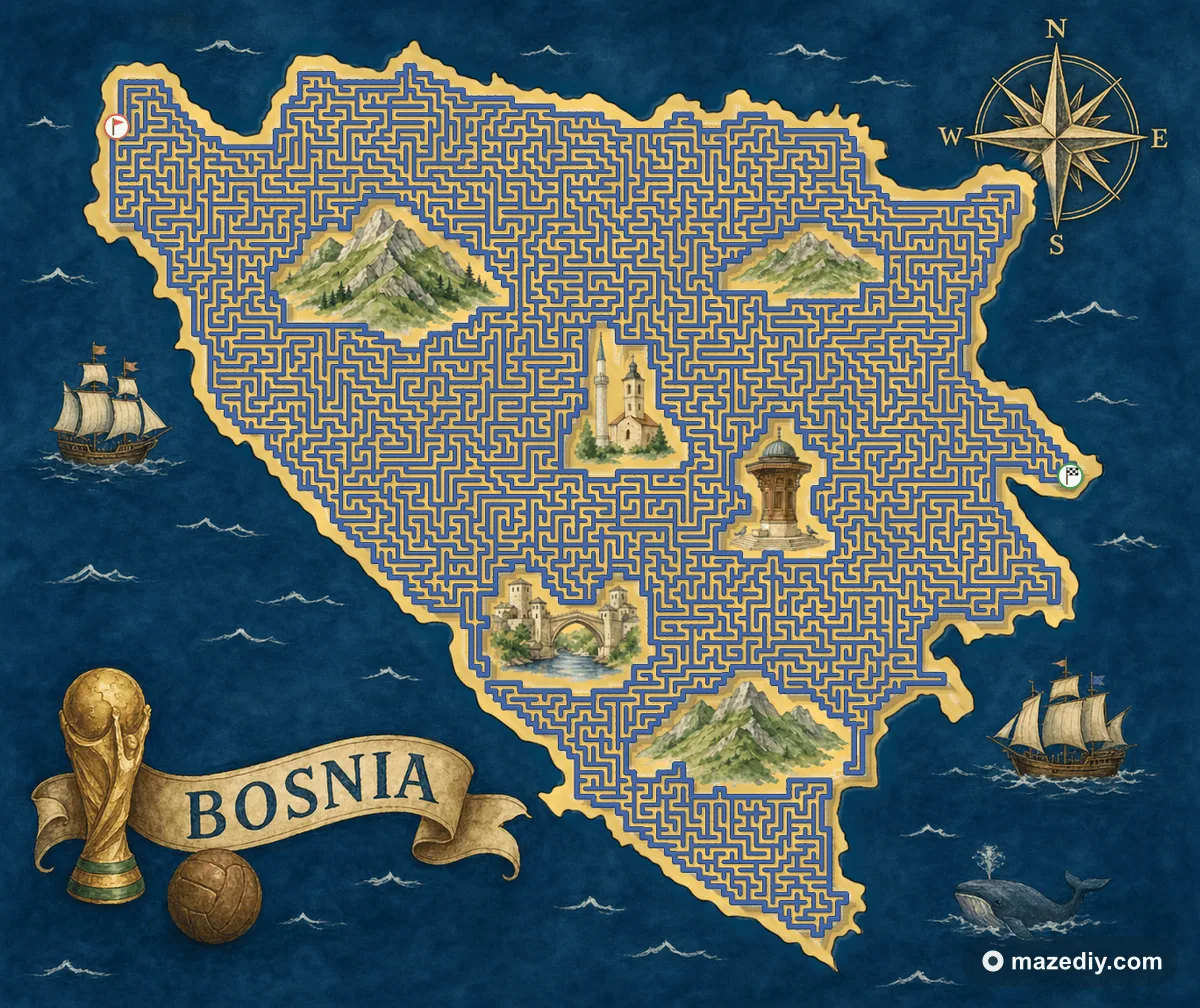 Bosnia shaped maze with landmarks — World Cup 2026