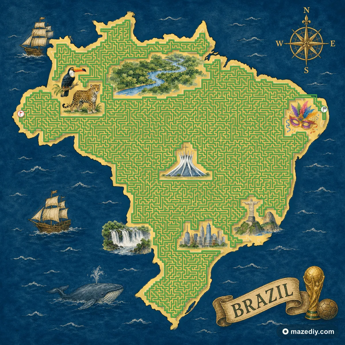 Brazil shaped maze with Brazilian landmarks
