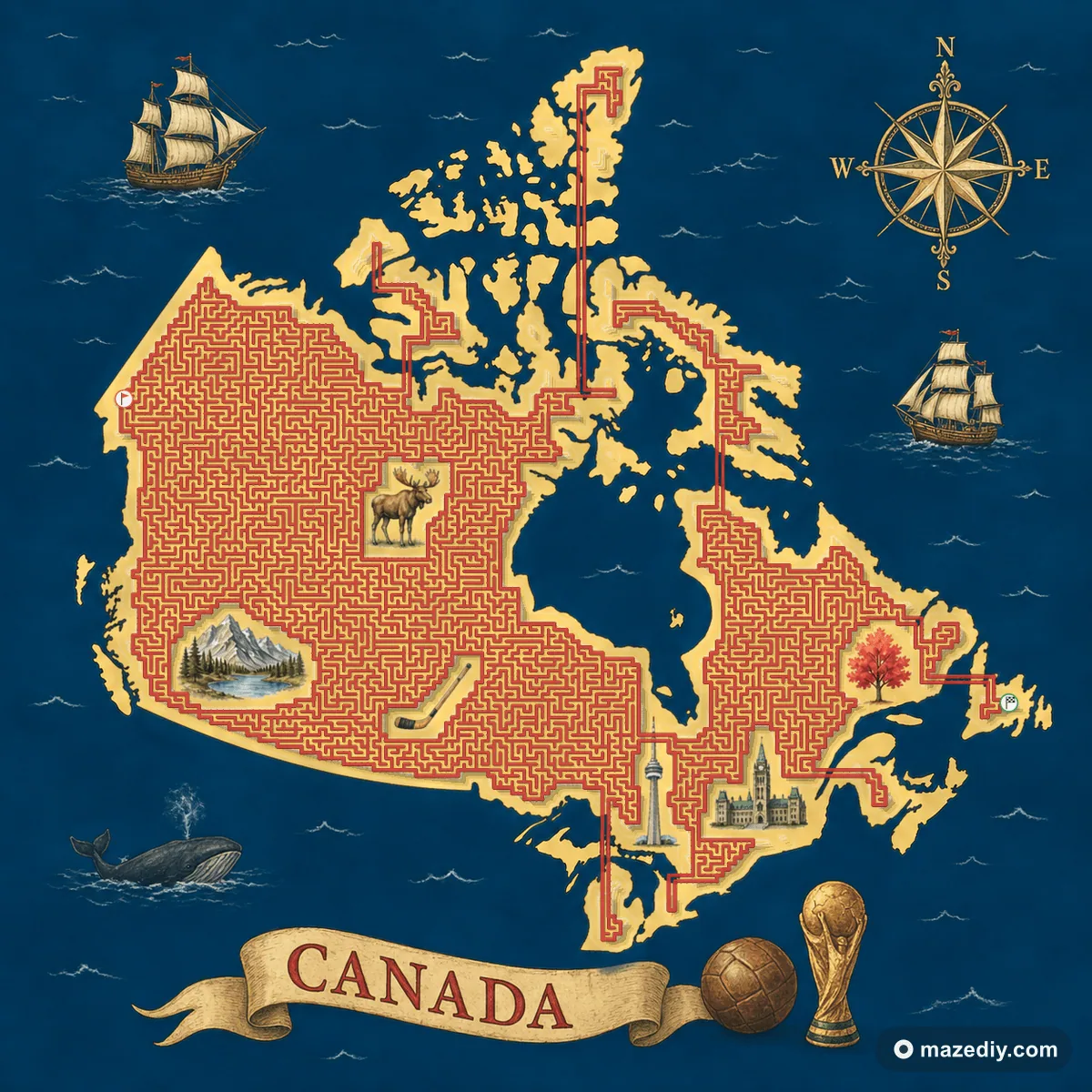Canada shaped maze with landmarks — World Cup 2026