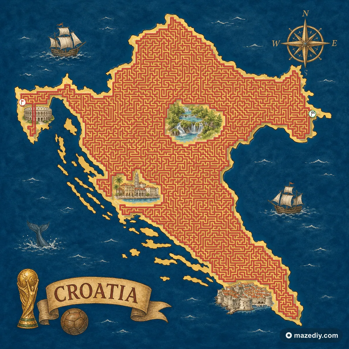 Croatia shaped maze with landmarks — World Cup 2026