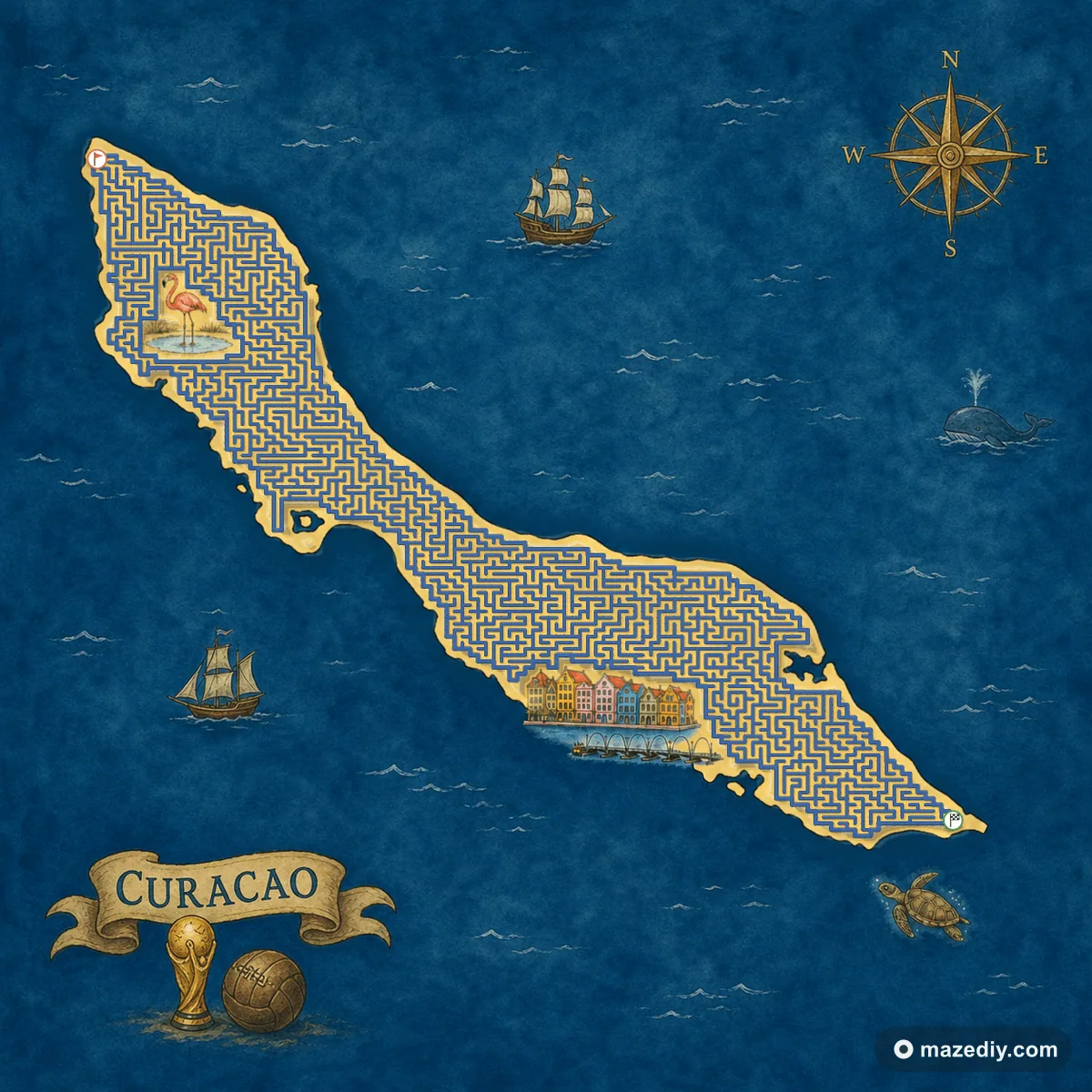 Curacao shaped maze with landmarks — World Cup 2026