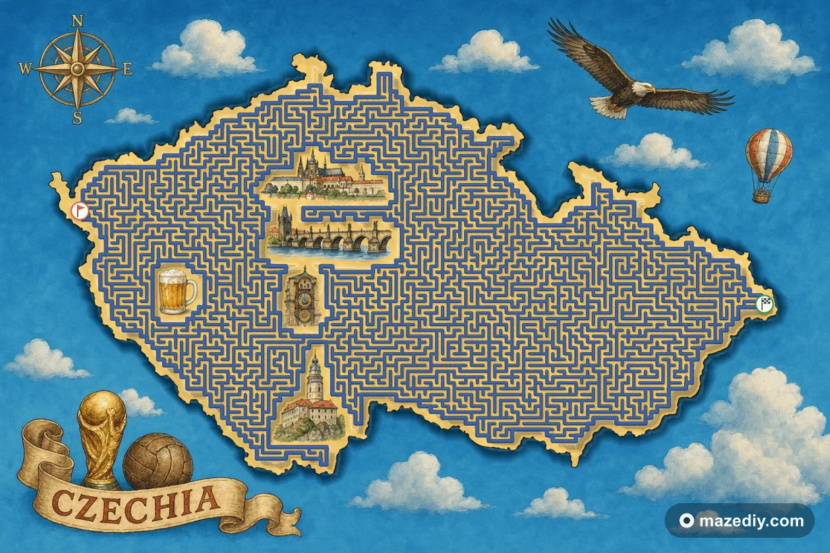 Czechia shaped maze with landmarks — World Cup 2026