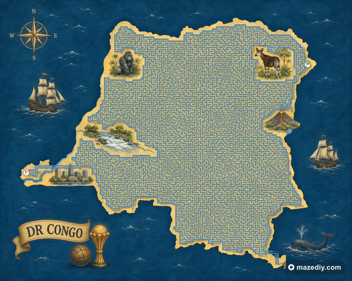 Dr Congo shaped maze with landmarks — World Cup 2026