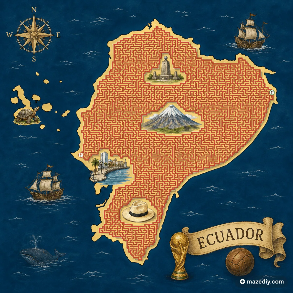 Ecuador shaped maze with landmarks — World Cup 2026