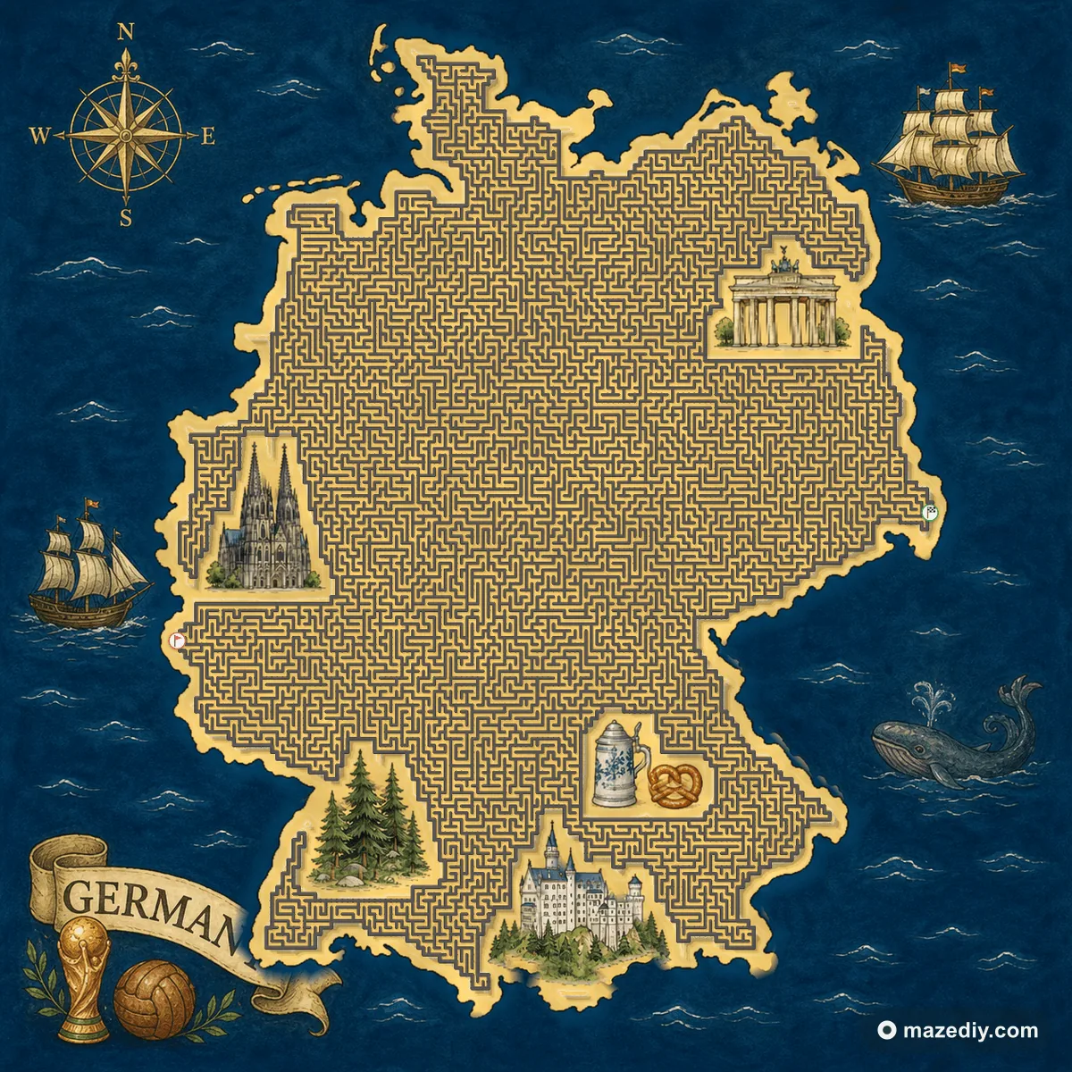 Germany shaped maze with landmarks — World Cup 2026