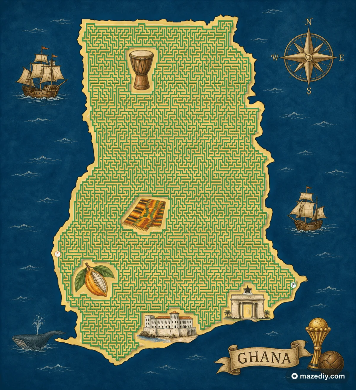 Ghana shaped maze with landmarks — World Cup 2026