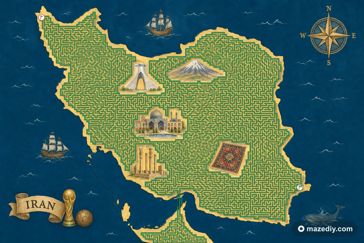 Iran shaped maze with landmarks — World Cup 2026