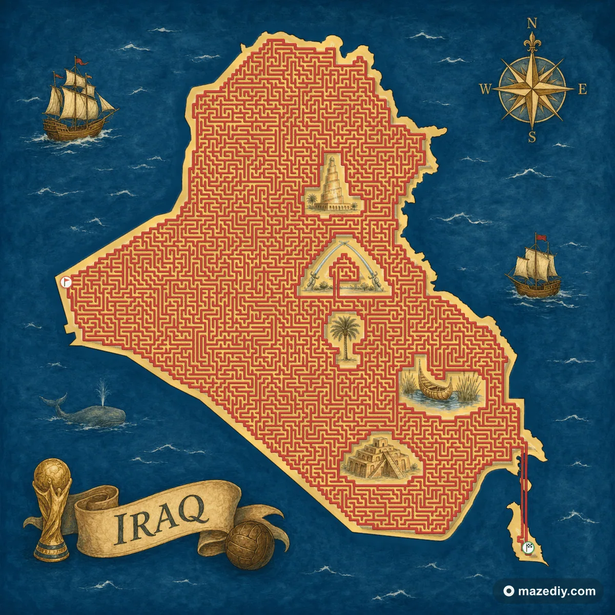 Iraq shaped maze with landmarks — World Cup 2026