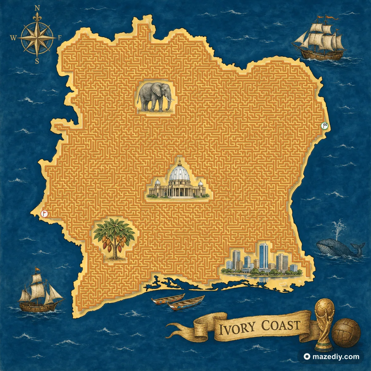 Ivory Coast shaped maze with landmarks — World Cup 2026