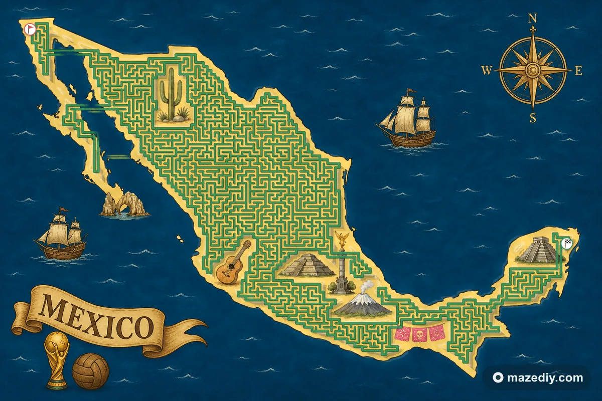 Mexico shaped maze with Mexican landmarks — World Cup 2026 host nation