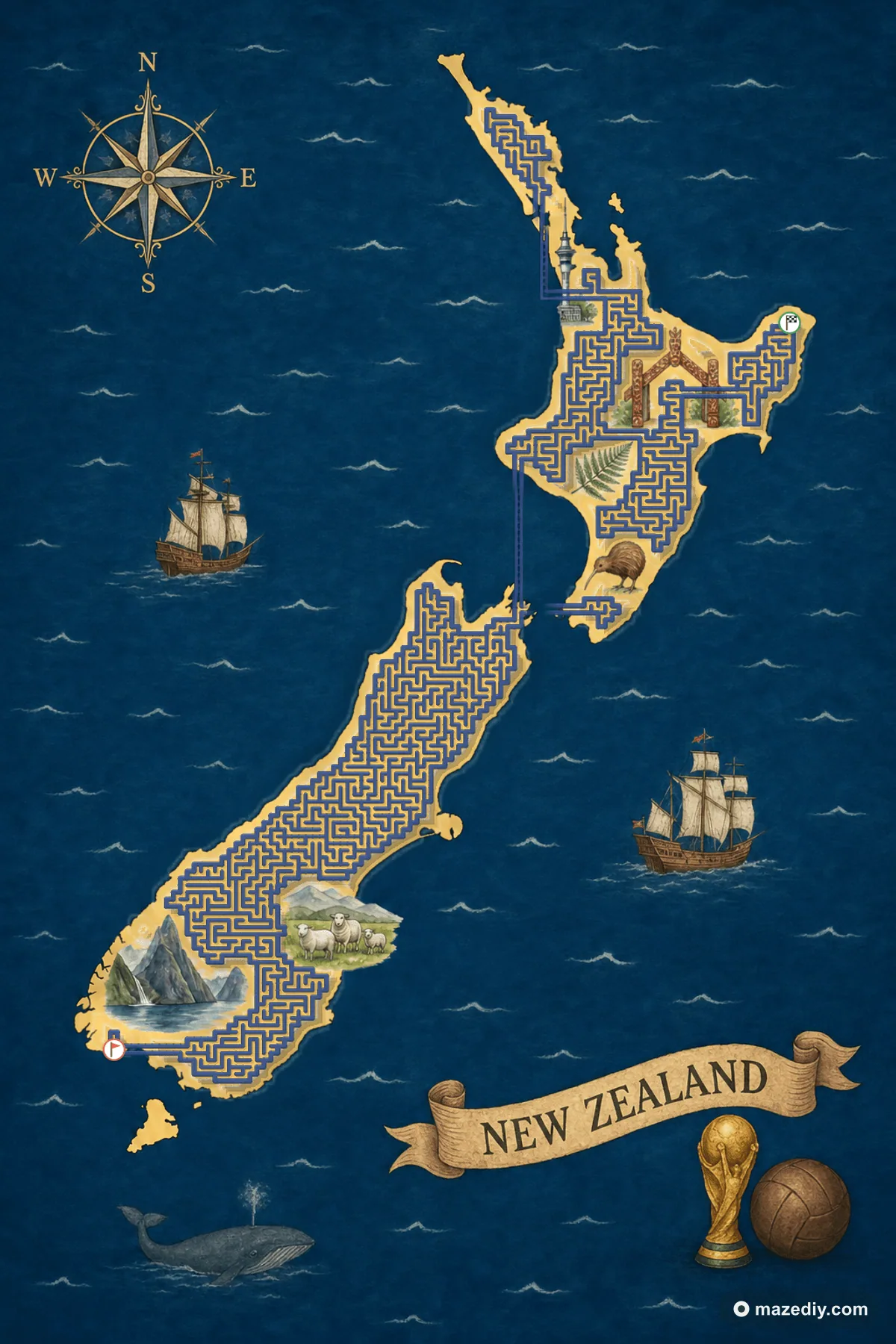 New Zealand shaped maze with landmarks — World Cup 2026