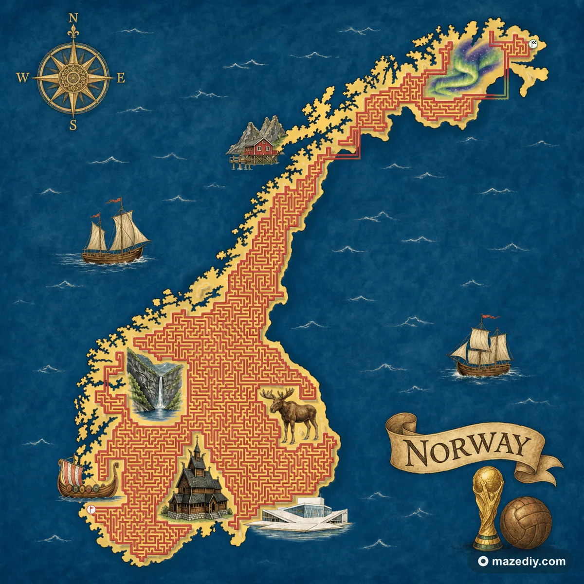 Norway shaped maze with Norwegian landmarks — World Cup 2026 dark horse