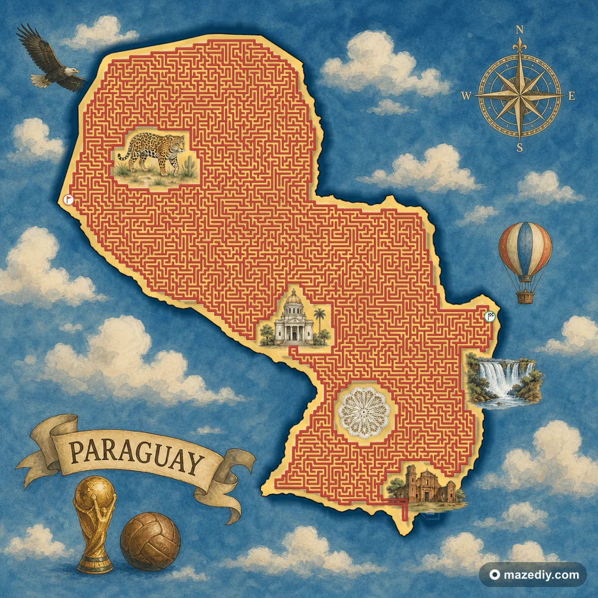 Paraguay shaped maze with landmarks — World Cup 2026