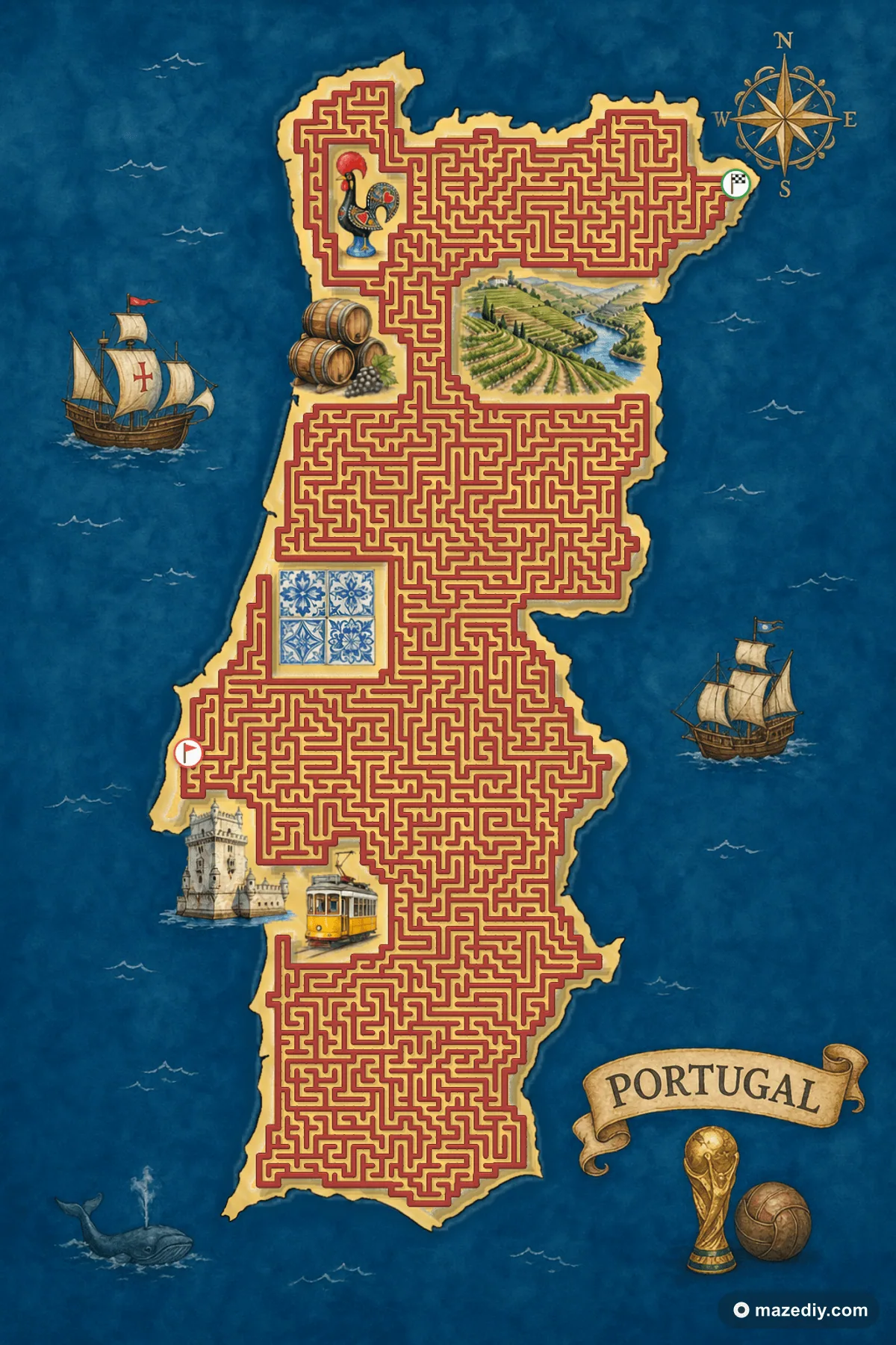 Portugal shaped maze with landmarks — World Cup 2026