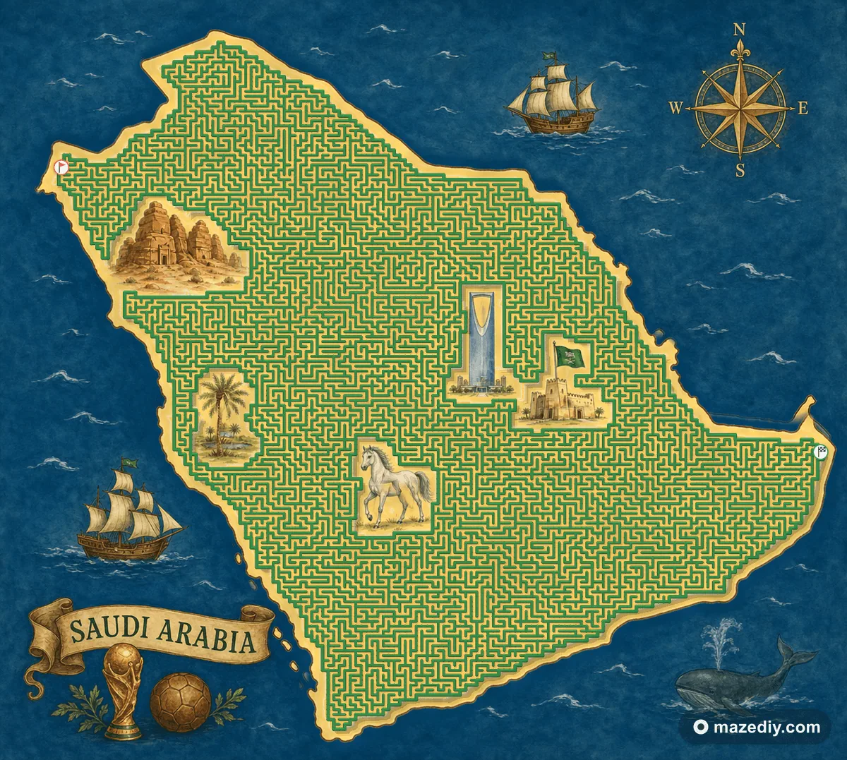 Saudi Arabia shaped maze with landmarks — World Cup 2026