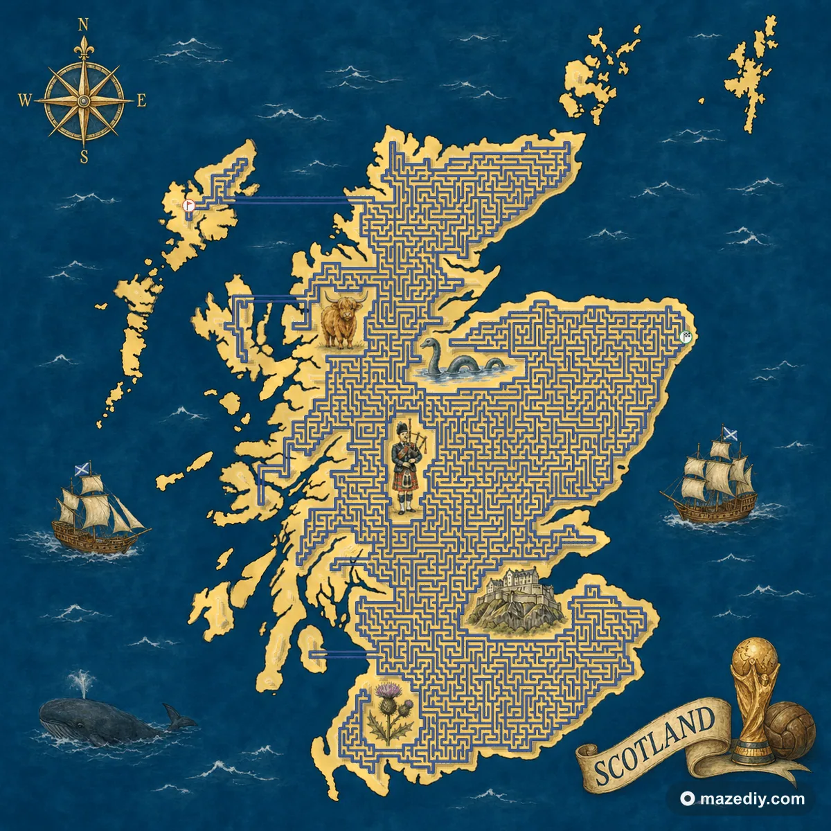 Scotland shaped maze with landmarks — World Cup 2026