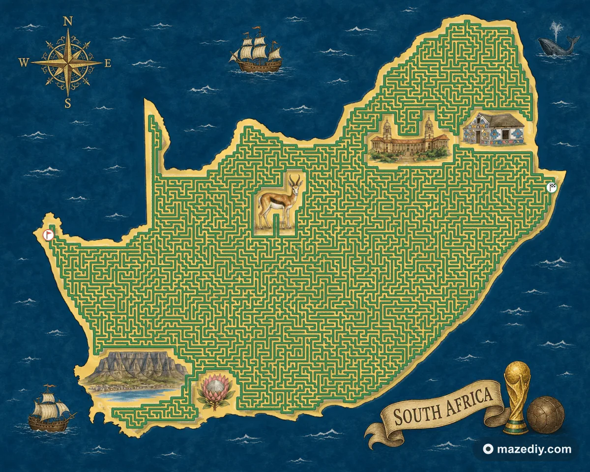 South Africa shaped maze with landmarks — World Cup 2026