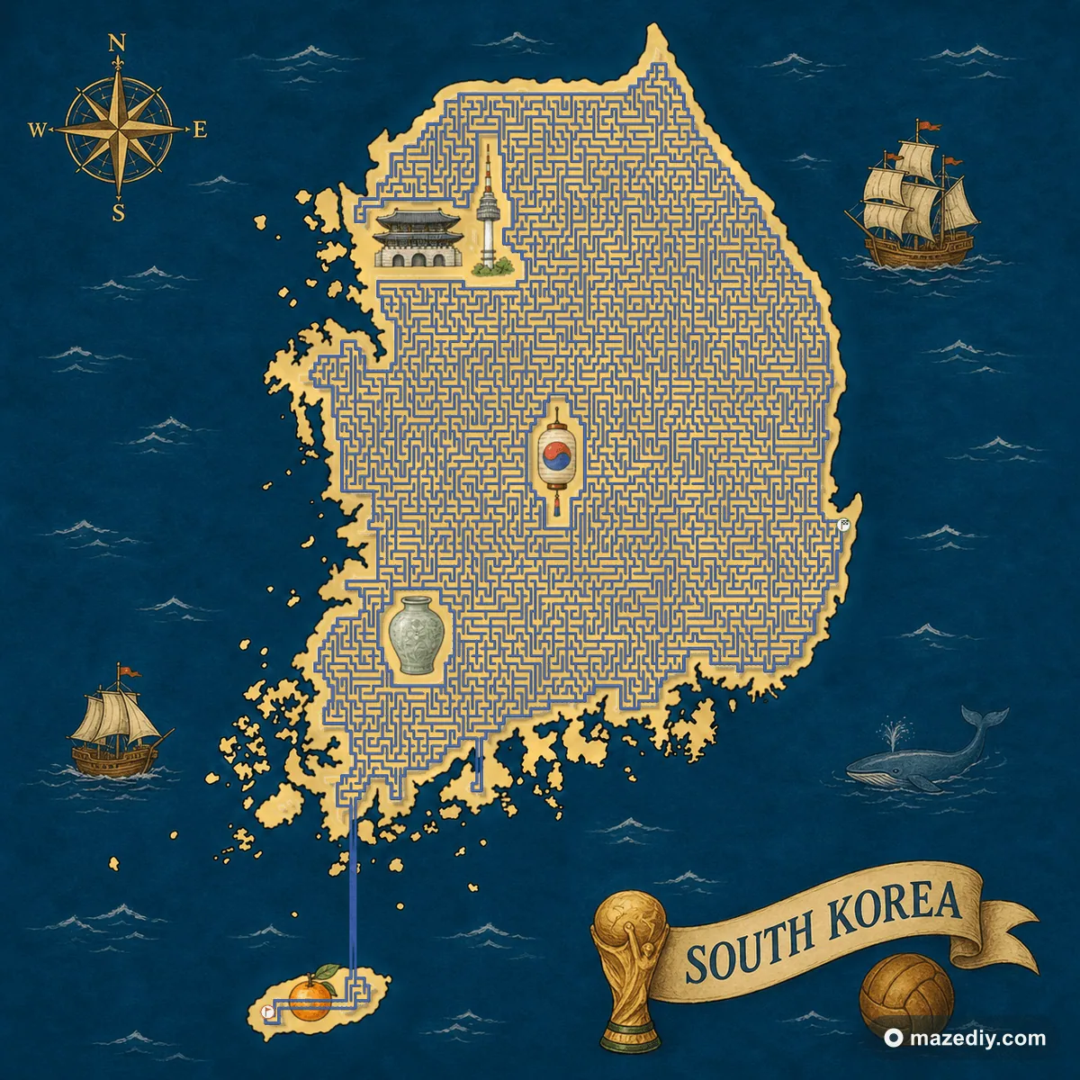 South Korea shaped maze with landmarks — World Cup 2026