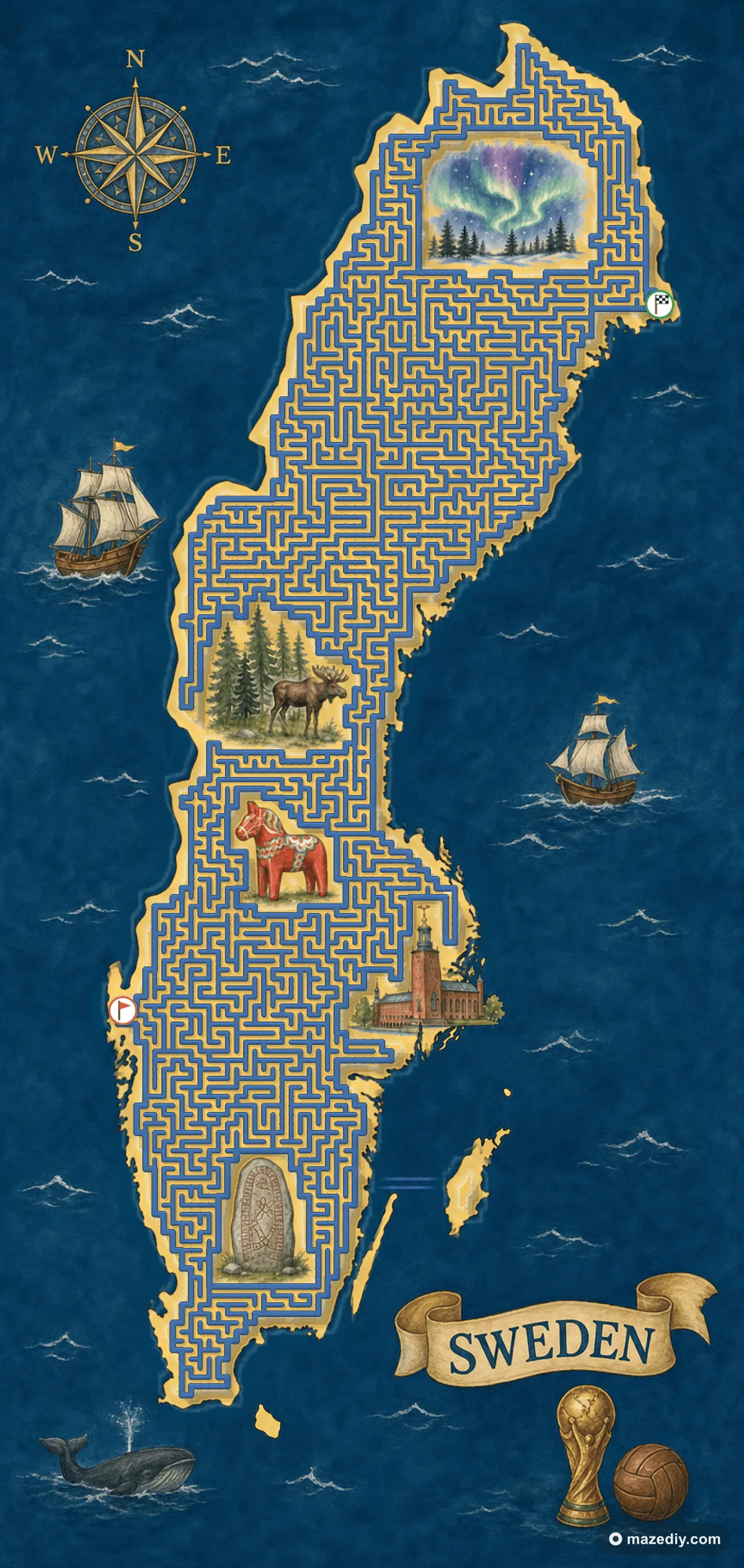 Sweden shaped maze with landmarks — World Cup 2026