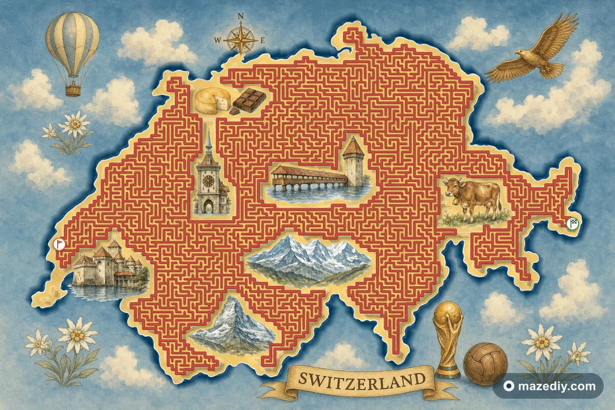Switzerland shaped maze with Swiss landmarks