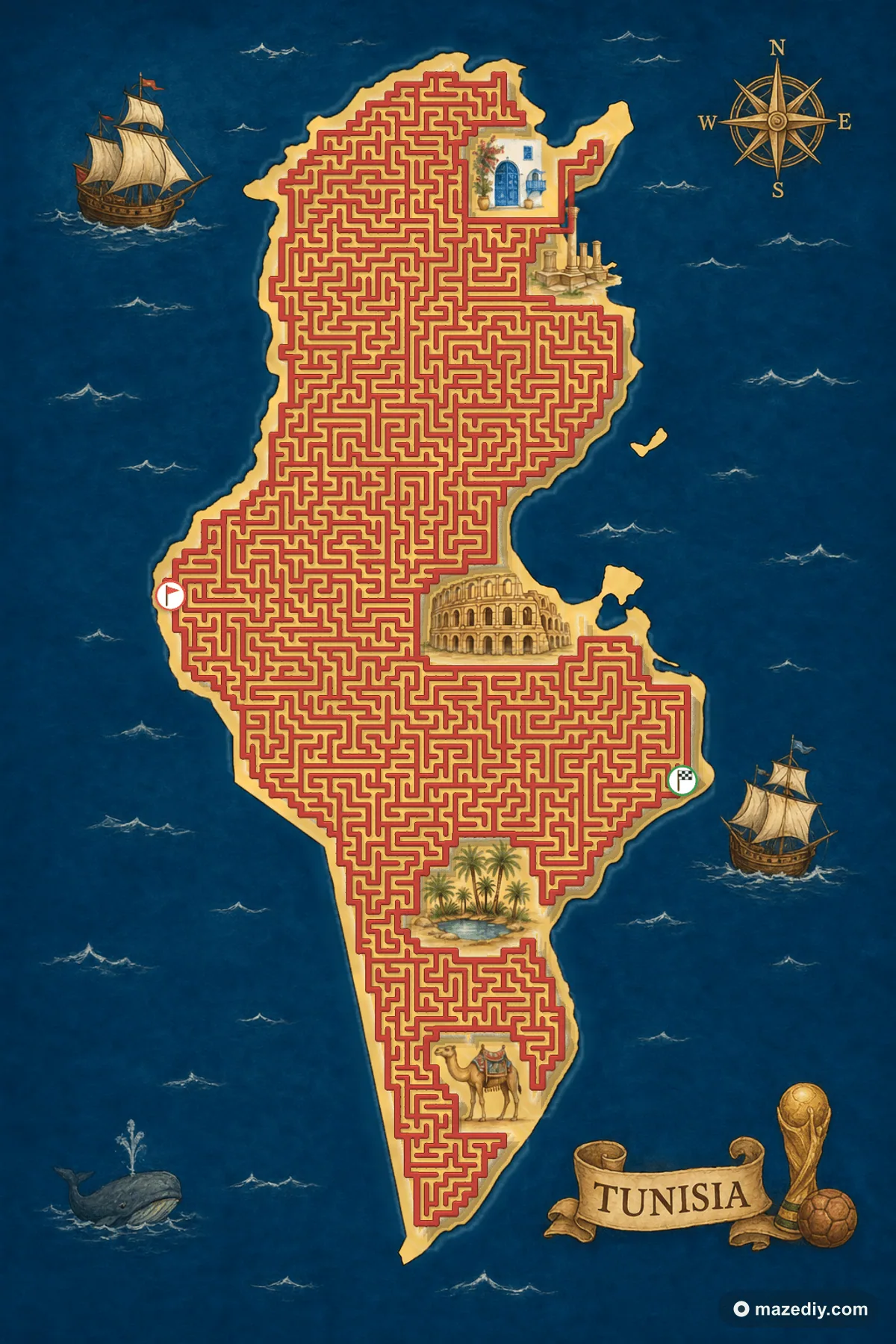 Tunisia shaped maze with landmarks — World Cup 2026