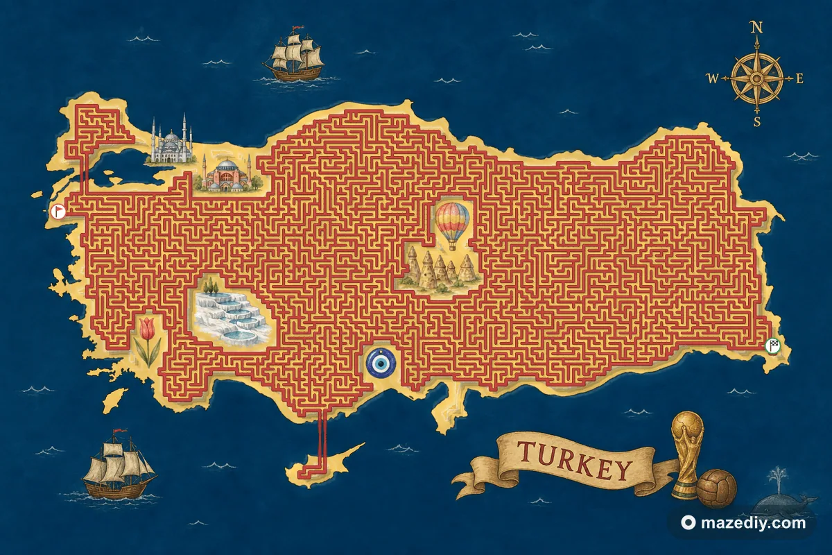 Turkey shaped maze with landmarks — World Cup 2026