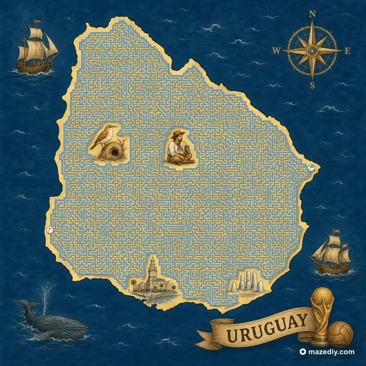 Uruguay shaped maze with landmarks — World Cup 2026