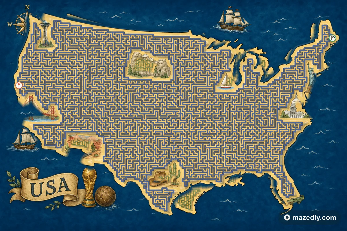 USA shaped maze with American landmarks