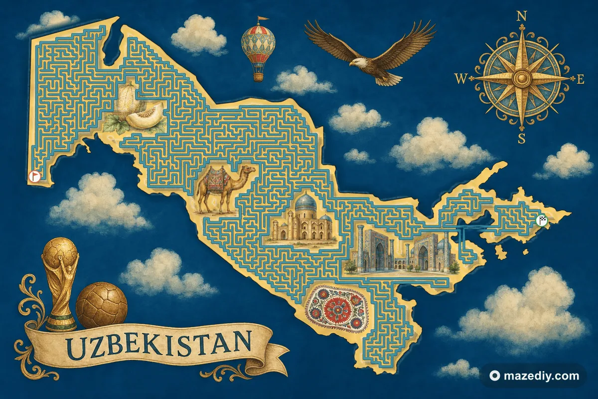 Uzbekistan shaped maze with landmarks — World Cup 2026