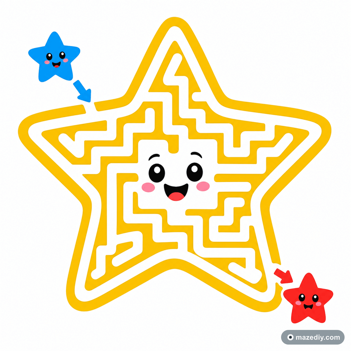 Star-shaped maze maker example for kids with a smiling star and start and finish markers